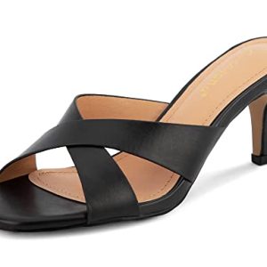 Women's Square Toe Summer Heels Mules Cross Strap Slip on 2.5 Inch kitten Heeled Sandals