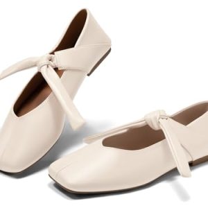 Womens Mary Jane Flats Bow Square Toe Ballet Flats Dressy Comfortable Slip on Flat Shoes