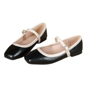Ballet Flats for Women Soft Leather Ankle Buckle Shoes Comfortable Square Toe Mary Jane Flat 20