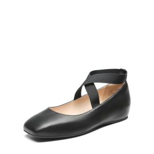 Women's Ballet Flats, Comfortable Slip-On Square Toe Dress Shoes with Elastic Ankle Straps