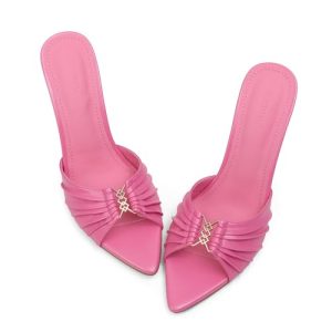 3.5 IN Stiletto Mules High Heels with Pointed Peep Toe Heeled Sandals Faux Leather