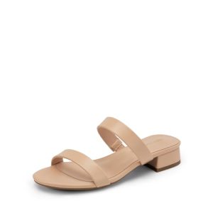 Women's Slides Heels Slip On Low Block Sandals Two Strap Open Round Toe Chunky Casual Summer Mules Shoes