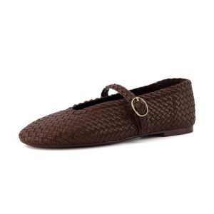 Bistro Mary Jane Flats for Women, Woven Ballet Flats Shoes with Strap and Memory Foam for All-Day Comfort
