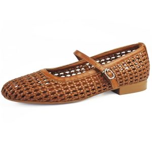 Hand Woven Mesh Flats for Women Ballet Mary Jane Flats Summer Ballet Buckle Strap Ballerina Flat Shoes, Ultra Soft, Arch