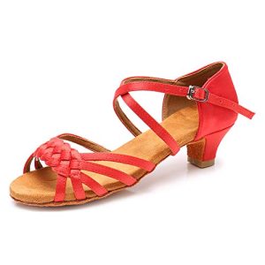 Girls Latin Dance Shoes Kids Low Heels Tango Salsa Ballroom Practice Dance Shoes, 1208,Red, 2 M Little Kid