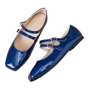 Mary Jane Flats for Women Dressy Retro Square Toe Ankle Strap Ballet Flats Comfortable Patent Leather Shoes