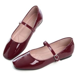 Leather Mary Jane Shoes for Women Dressy Square Toe Ballet Flats with Strap Comfortable Walking Shoes Soft Leather Dress Shoes