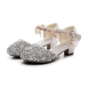 Girls Dress Shoes with Heels - Sparkly Sequins Closed Toe Sandals for Wedding, Party, Flower Girl (Toddler/Little/Big Kids)