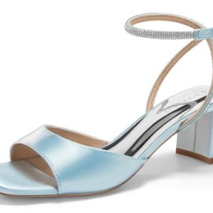 Womens Heeled Sandals Rhinestone Chunky Low Heels Satin Square Toe One Strap Ankle Buckle Dress Shoes