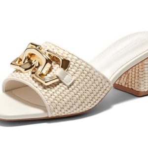 Womens Raffia Slide Sandals Chunky Block Heeled Square Open Toe Metal Chain Slip on Mules Dressy Shoes